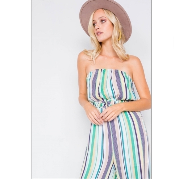 Anthropologie Le Lis Green Blue Striped Strapless Wide Leg Jumpsuit Pantsuit - Picture 7 of 16
